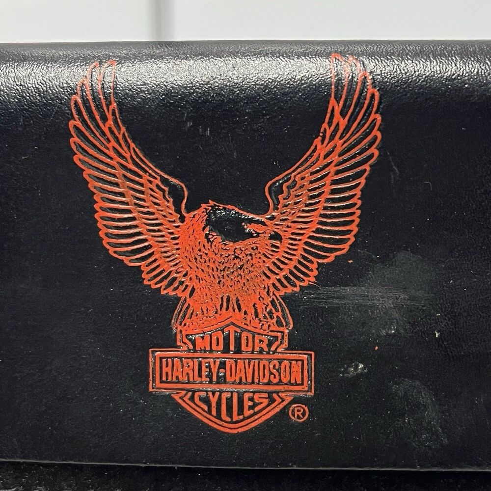 80's Vintage Harley Davidson Black USA Leather Wallet With Chain Eagle Logo Red - Picture 3 of 13